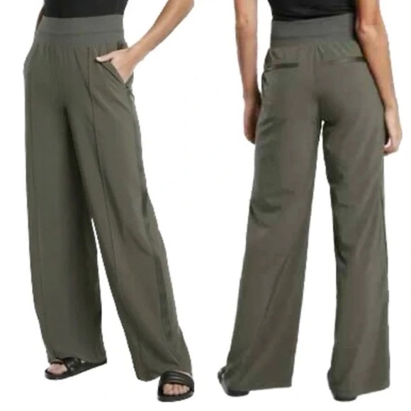 Athleta Pants - Athleta Olive Green Nolita Wide Leg Trousers Pants Pockets Side Stripe Size 22